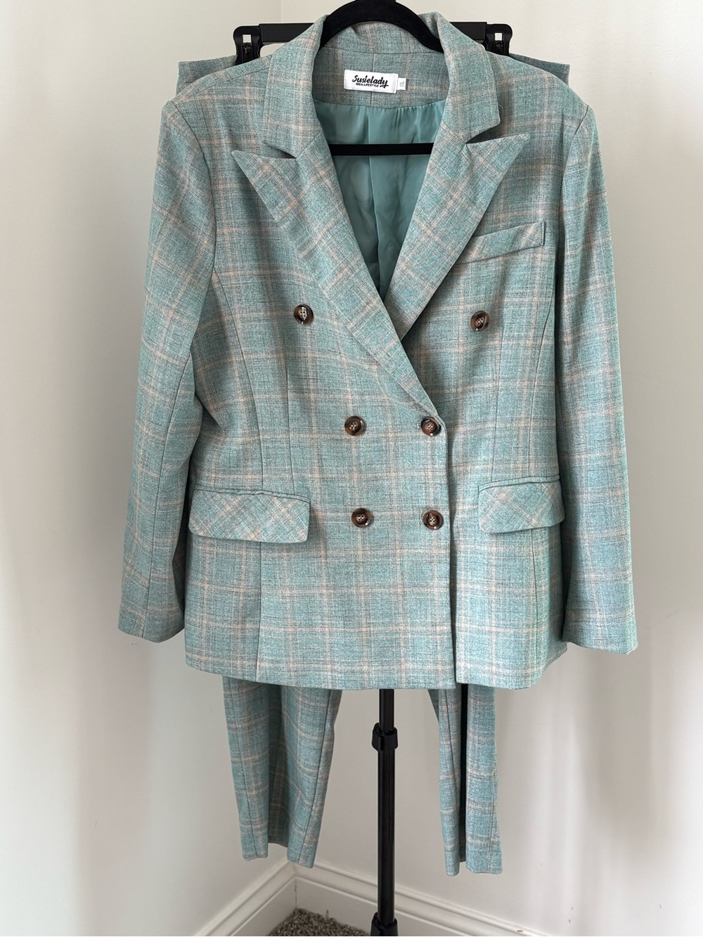 Susielady Vintage Best Mint Plaid Double-Breasted Pantsuit and  Jacket